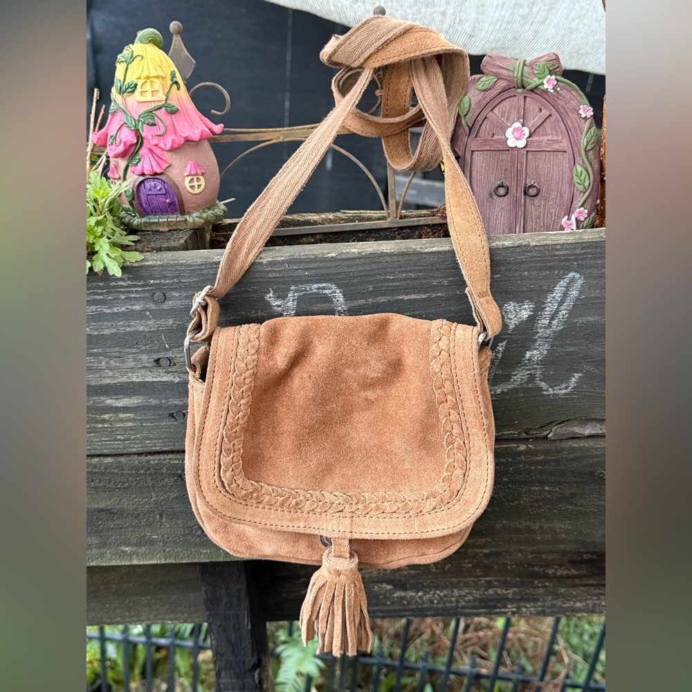 WORLD MARKET brown boho India shoulder small leather bag hippy tan suede